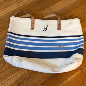 Striped bag LL bean 
16 1/12 inches 
Length 11 inches 
There is a stain